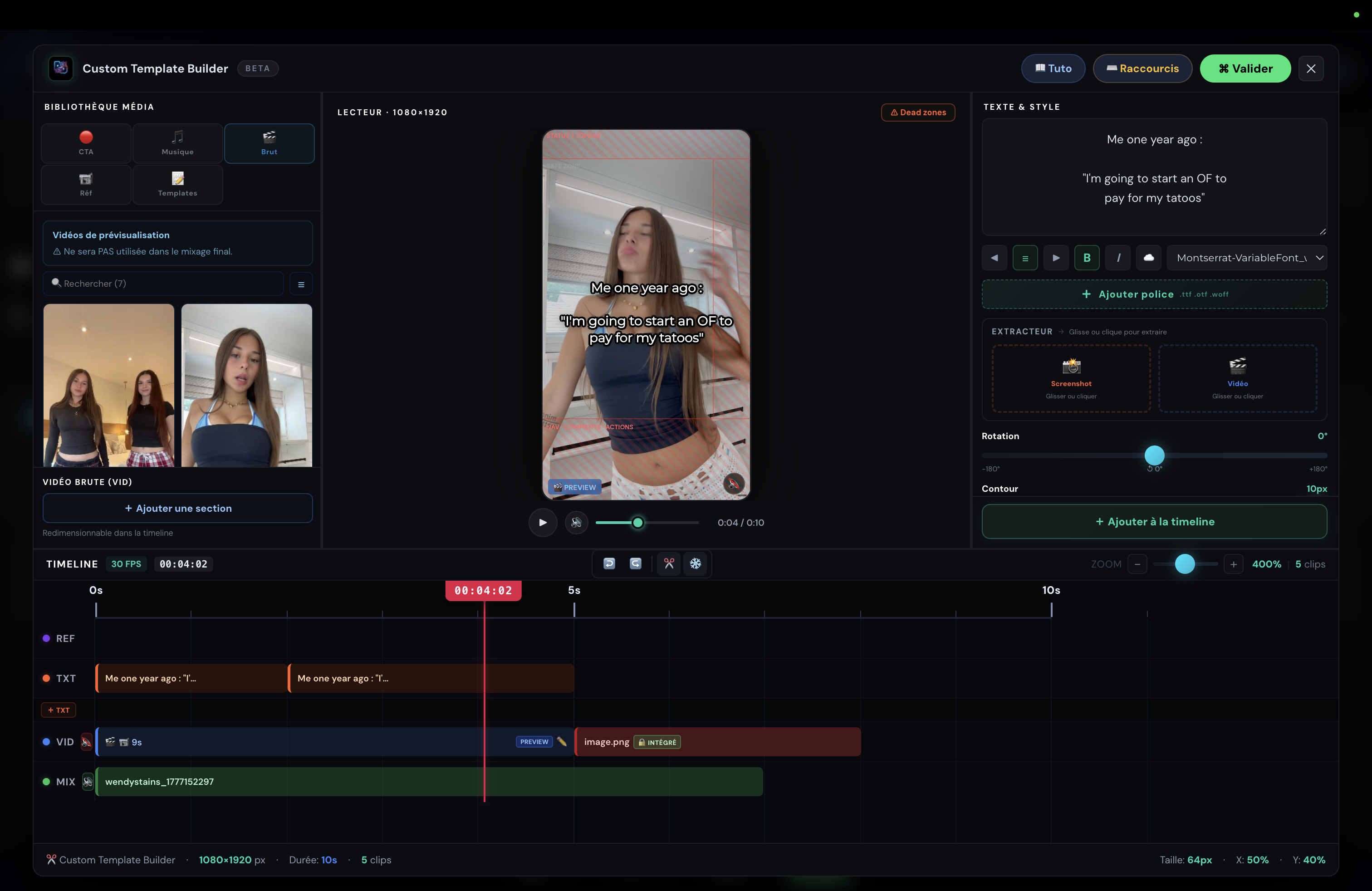 ClipFusion Custom Template Builder — interface complète avec bibliothèque média, preview phone, contrôles caption et timeline multi-pistes
